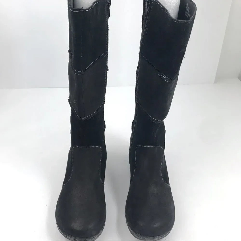 B.O.C. Black Suede Leather Patchwork Side Zip Wedge Heel Tall Boots